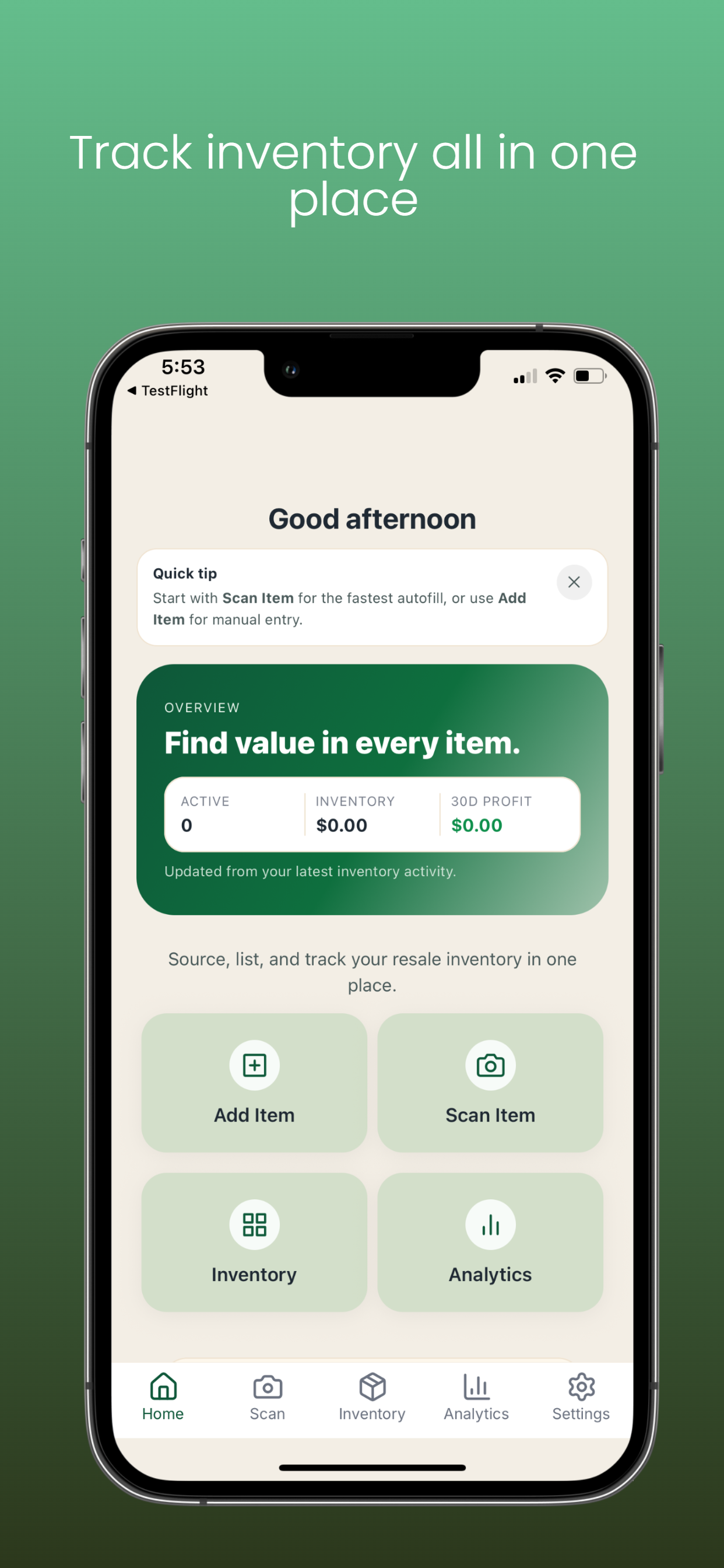 FlipFinds home screen with overview card and quick actions