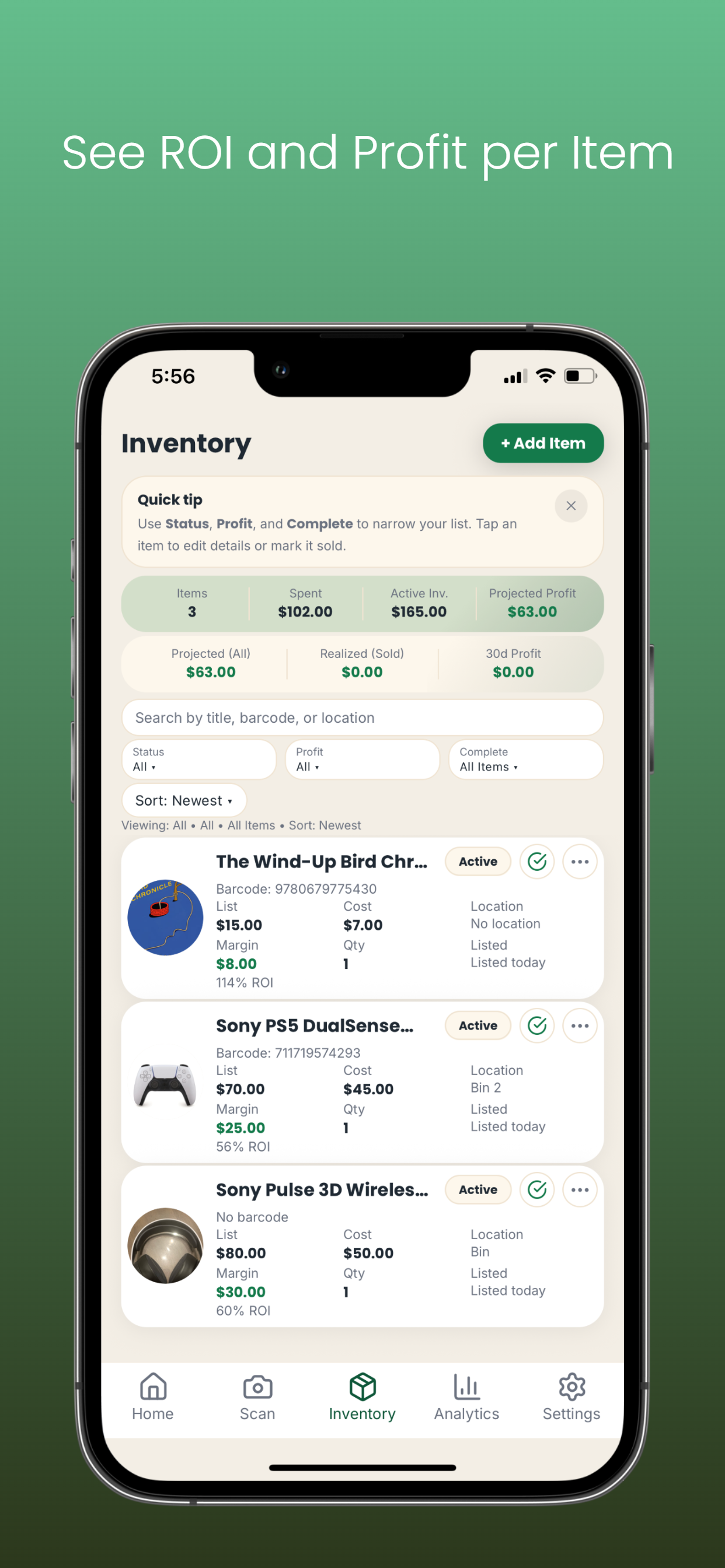 FlipFinds inventory screen listing items with ROI and margin details
