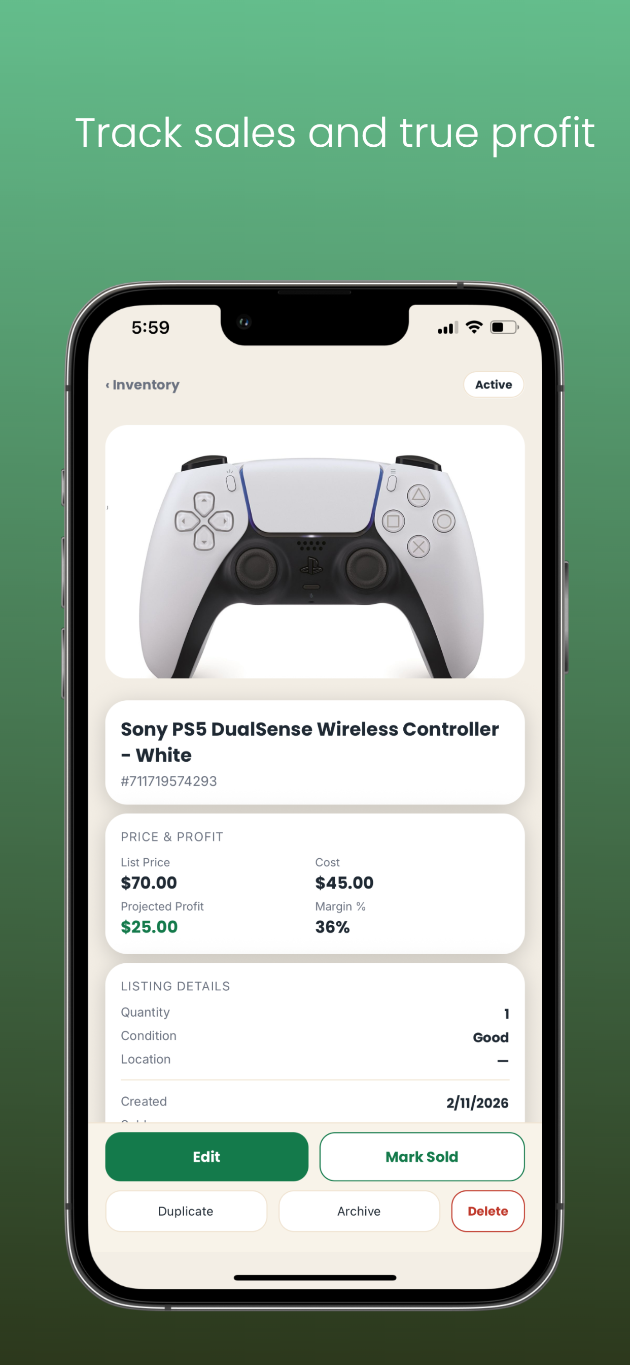 FlipFinds item detail screen showing price and profit breakdown