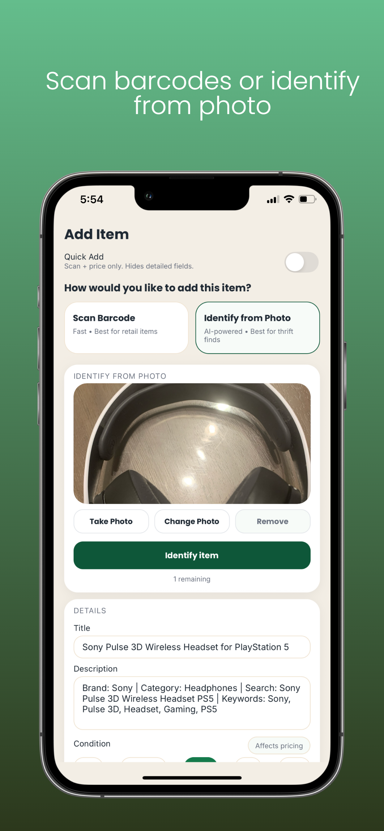 FlipFinds add item screen with scan barcode and identify from photo options